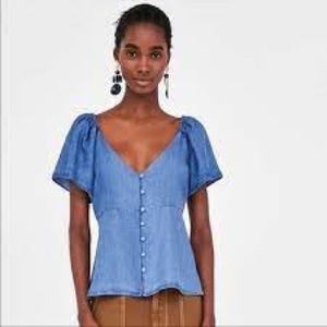 Zara Chambray Flutter Sleeve Button Up Blouse Top Size S